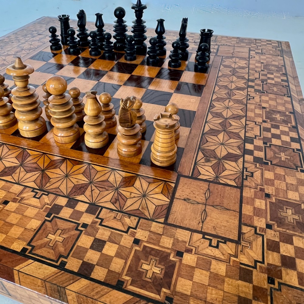 Antique Chess Set with Parquetry Chess Board View III