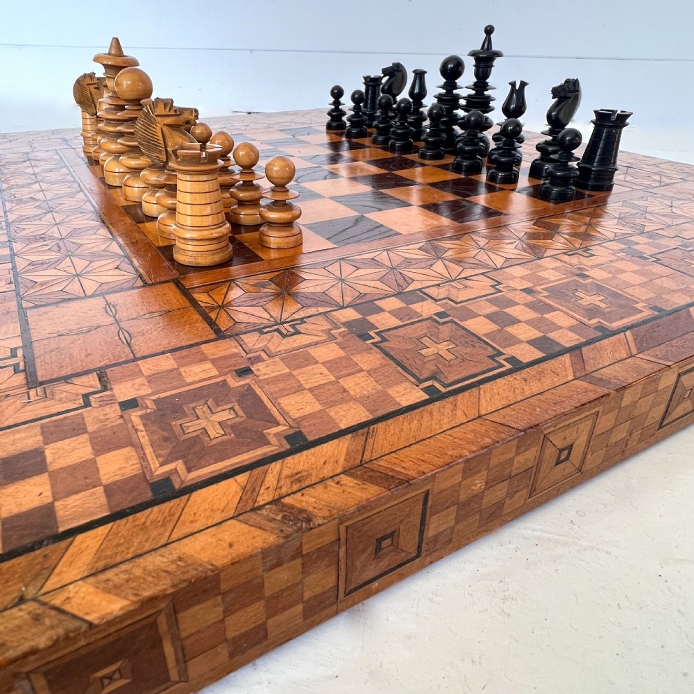 Antique Chess Set with Parquetry Chess Board View IV