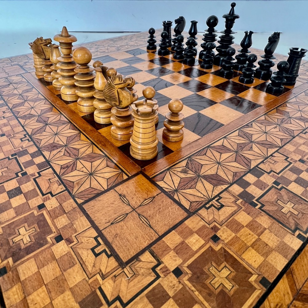 Antique Chess Set with Parquetry Chess Board View V