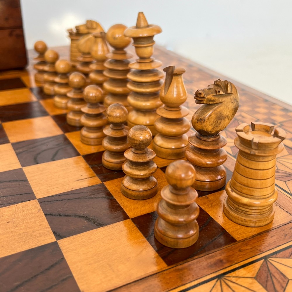 Antique Chess Set with Parquetry Chess Board View VI