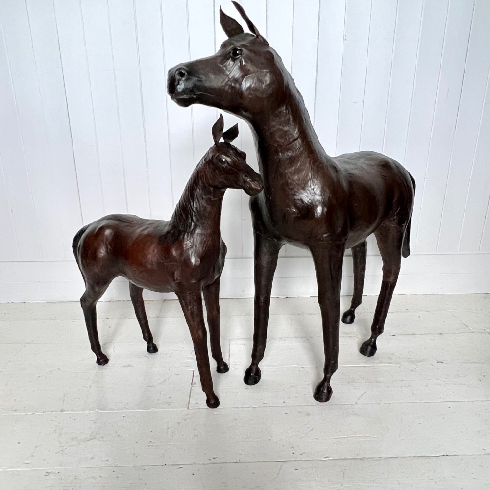 Large Pair of Vintage Leather Horses Attributed to Liberty