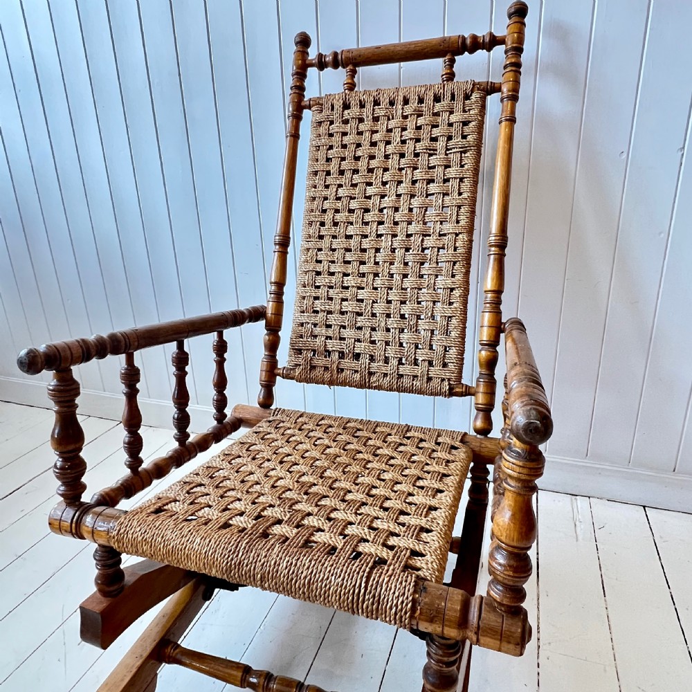 American Turned Beech and Seagrass Rocking Chair Circa 1910 View VI