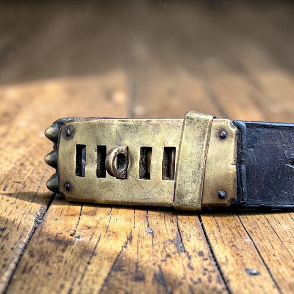 A 19th-century French dark leather dog collar featuring brass conical studs and an engraved brass nameplate. View III
