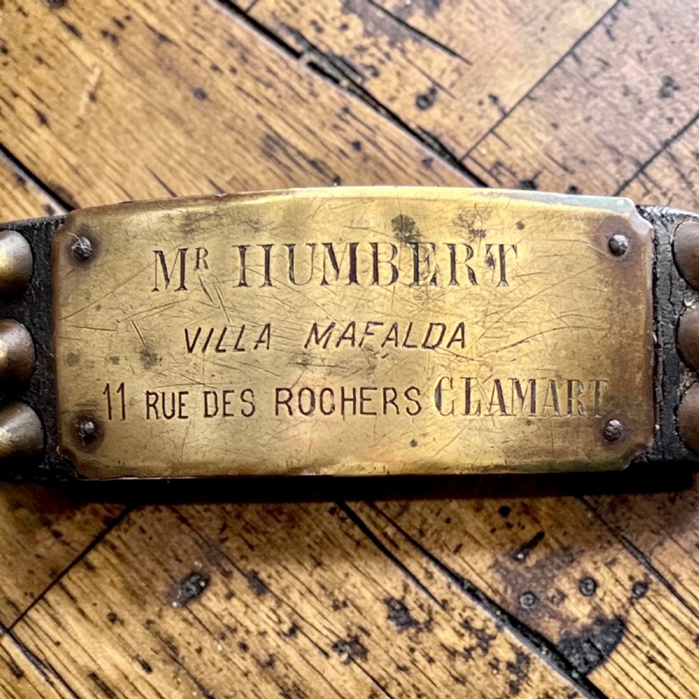 A 19th-century French dark leather dog collar featuring brass conical studs and an engraved brass nameplate. View V