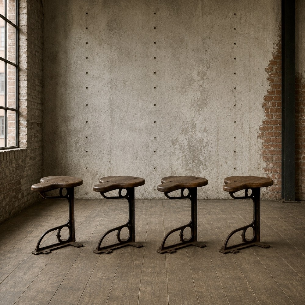 A set of four industrial machinist stools with sculpted pitch pine seats and dark cast iron cantilever bases.