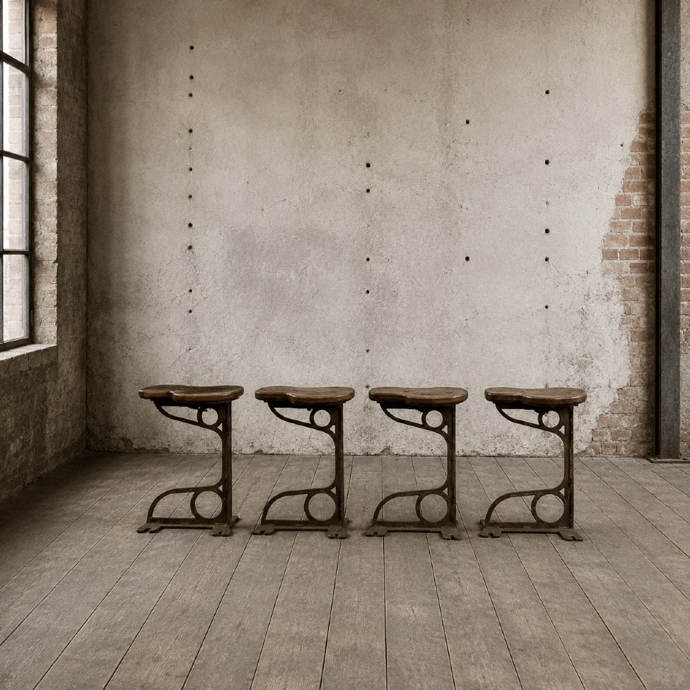 A set of four industrial machinist stools with sculpted pitch pine seats and dark cast iron cantilever bases. View II