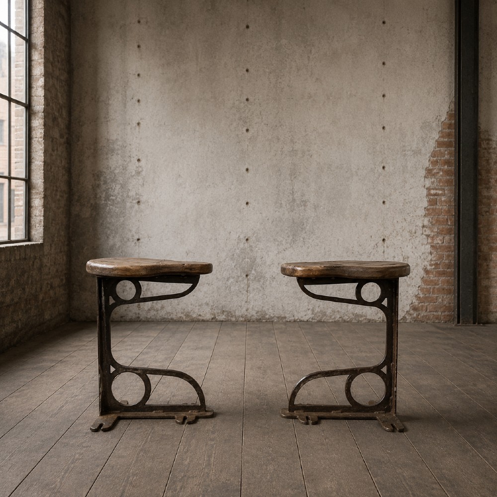 A set of four industrial machinist stools with sculpted pitch pine seats and dark cast iron cantilever bases. View III