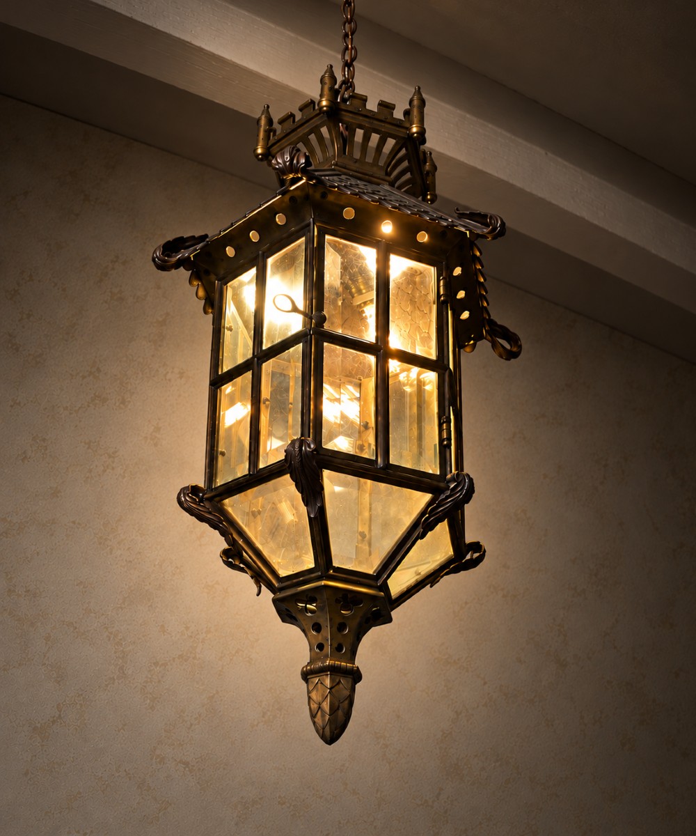 A large Continental Gothic Revival bronze hanging lantern featuring a castellated crown roof with turrets, scale detailing, and glass panels. View II