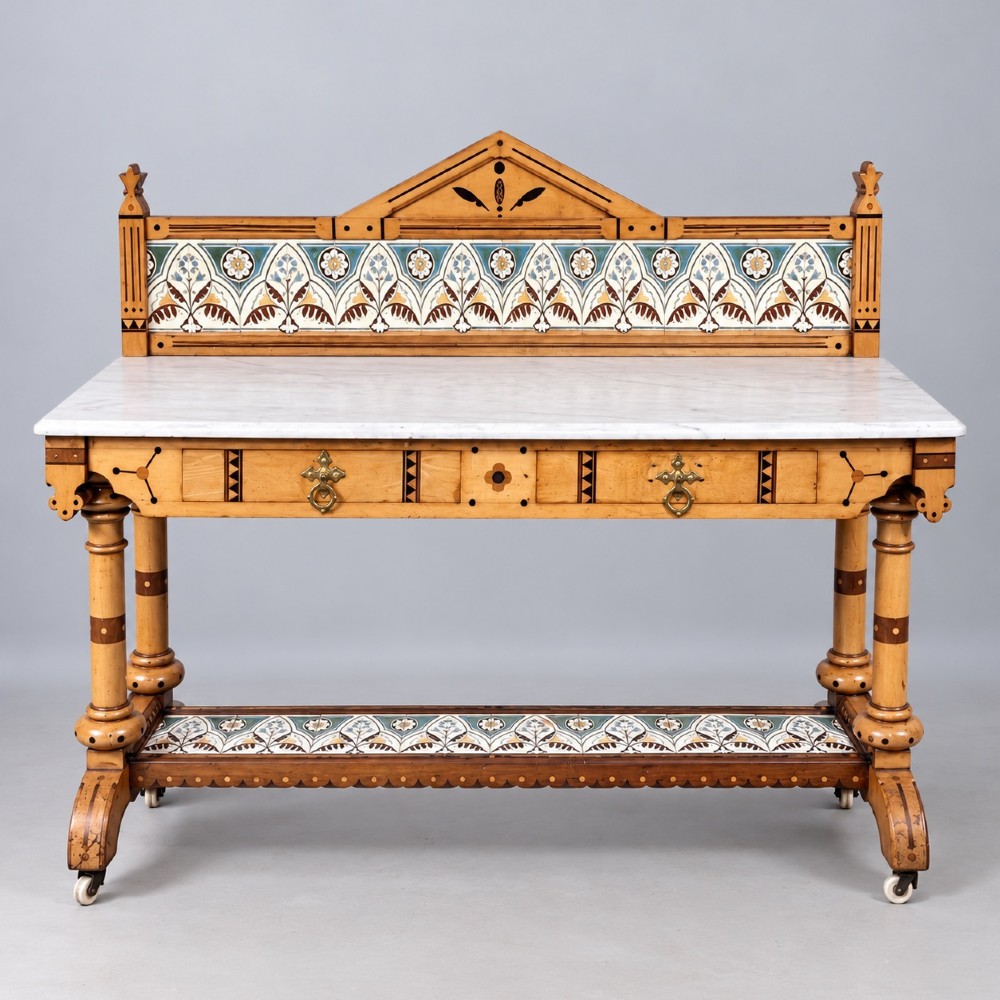 A Victorian Reformed Gothic washstand featuring a white marble top, turned legs, a tiled splashback, and geometric dark wood inlays. View II
