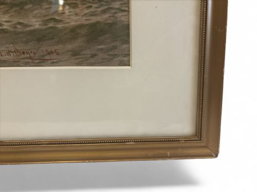 PAINTING OF SAILBOATS PASSING LIGHTHOUSES DATED 1905 - ADDITIONAL PHOTO 1