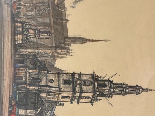 PENCIL AND WATERCOLOUR DRAWING OF A CONTINENTAL BUILDING BY J W HOGLEY C1940 - ADDITIONAL PHOTO 3