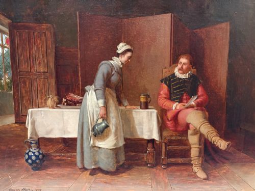 OIL ON CANVAS SCENE OF A CAVALIER AND A MAID BY EDWIN HUGHES 1875 - ADDITIONAL PHOTO 4