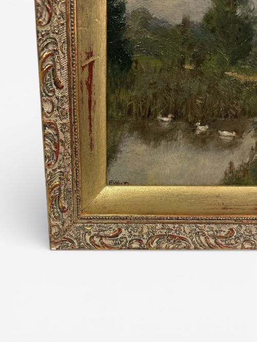 OIL LANDSCAPE DEPICTING GEESE ON A POND BY FRANK PERCY WILD 1930S - ADDITIONAL PHOTO 1