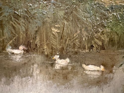 OIL LANDSCAPE DEPICTING GEESE ON A POND BY FRANK PERCY WILD 1930S - ADDITIONAL PHOTO 5