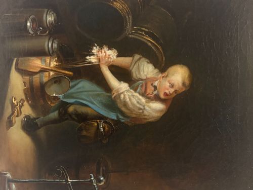FINELY PAINTED OIL ON CANVAS OF STARTLED BOY TAPPING A BARREL 19TH CENTURY - ADDITIONAL PHOTO 3