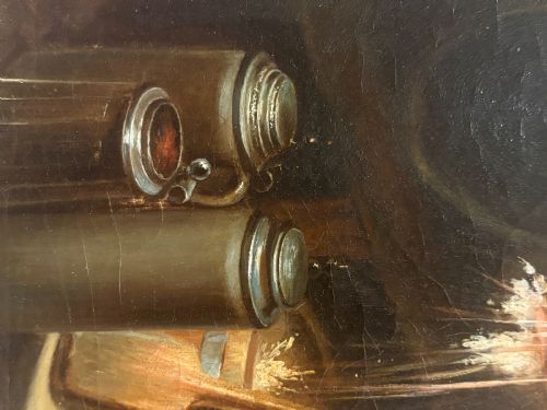 FINELY PAINTED OIL ON CANVAS OF STARTLED BOY TAPPING A BARREL 19TH CENTURY - ADDITIONAL PHOTO 4