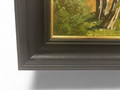 LARGE OIL ON CANVAS OF A FARM LANDSCAPE IN EBONISED FRAME 1950S - ADDITIONAL PHOTO 1