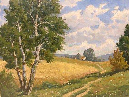 LARGE OIL ON CANVAS OF A FARM LANDSCAPE IN EBONISED FRAME 1950S - ADDITIONAL PHOTO 5