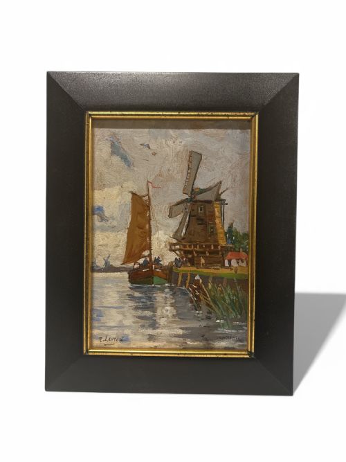 Oil Painting Impressionist Scene of a Sailboat and Windmill by R Leyton Early 20th Century