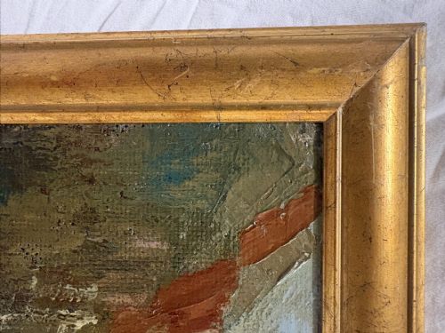 OIL PAINTING OF FIGURES ON A BRIDGE IN A CONTINENTAL CITY BY E A MINARDO 1940S - ADDITIONAL PHOTO 1