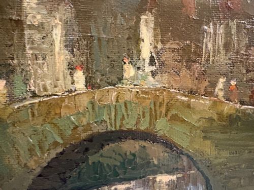 OIL PAINTING OF FIGURES ON A BRIDGE IN A CONTINENTAL CITY BY E A MINARDO 1940S - ADDITIONAL PHOTO 2