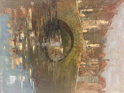 OIL PAINTING OF FIGURES ON A BRIDGE IN A CONTINENTAL CITY BY E A MINARDO 1940S - ADDITIONAL PHOTO 4