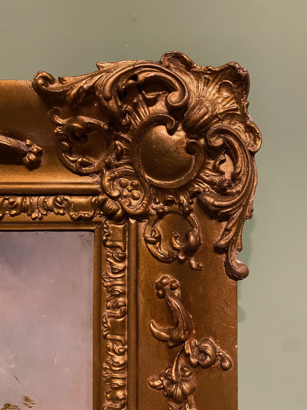 A 19th-century oil portrait depicting a seated lady in formal lace bonnet and black dress inside an ornate giltwood frame. View III