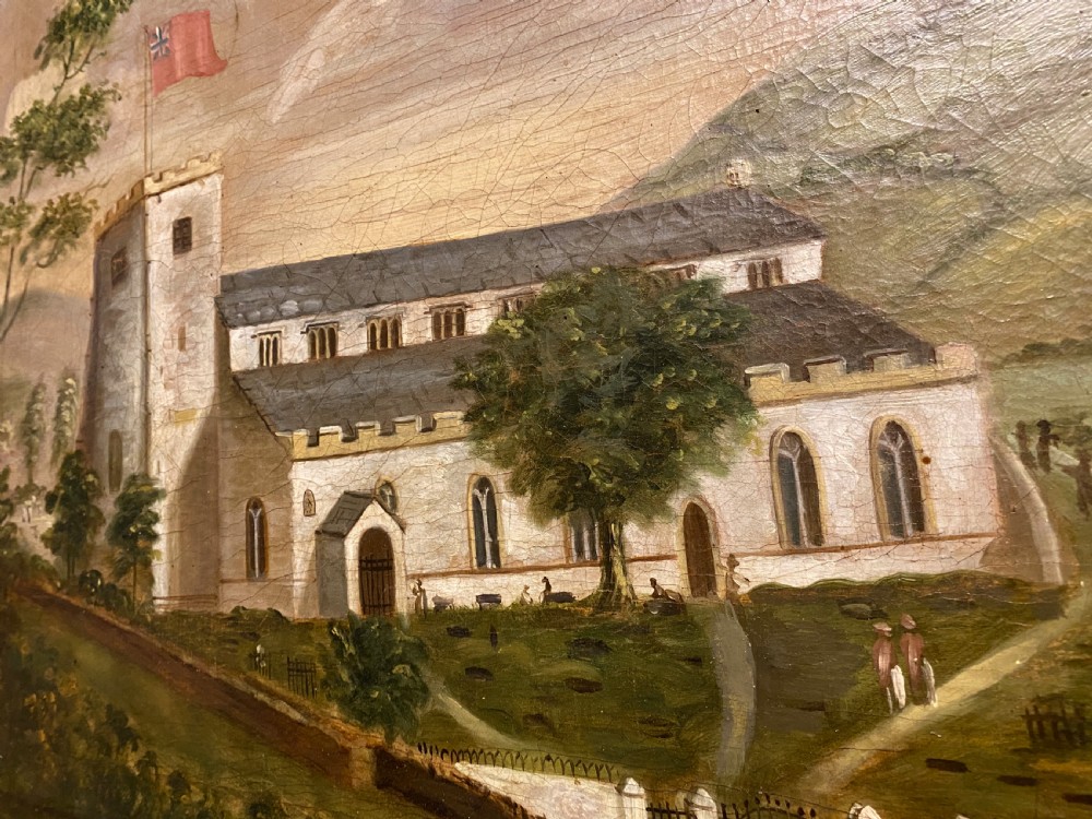 A 19th-century oil painting depicting a parish church flying a red flag set within a hilly countryside landscape, housed in a wide wooden frame with a gold inner border. View II