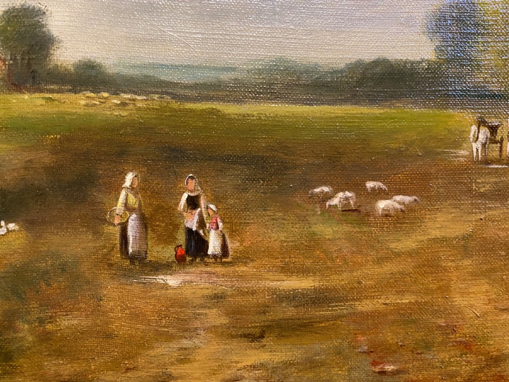 A framed 19th-century oil painting on canvas depicting a rural farmland landscape with a white cottage, figures, livestock, a pond, and a cloudy sky set in a textured gilt frame. View II