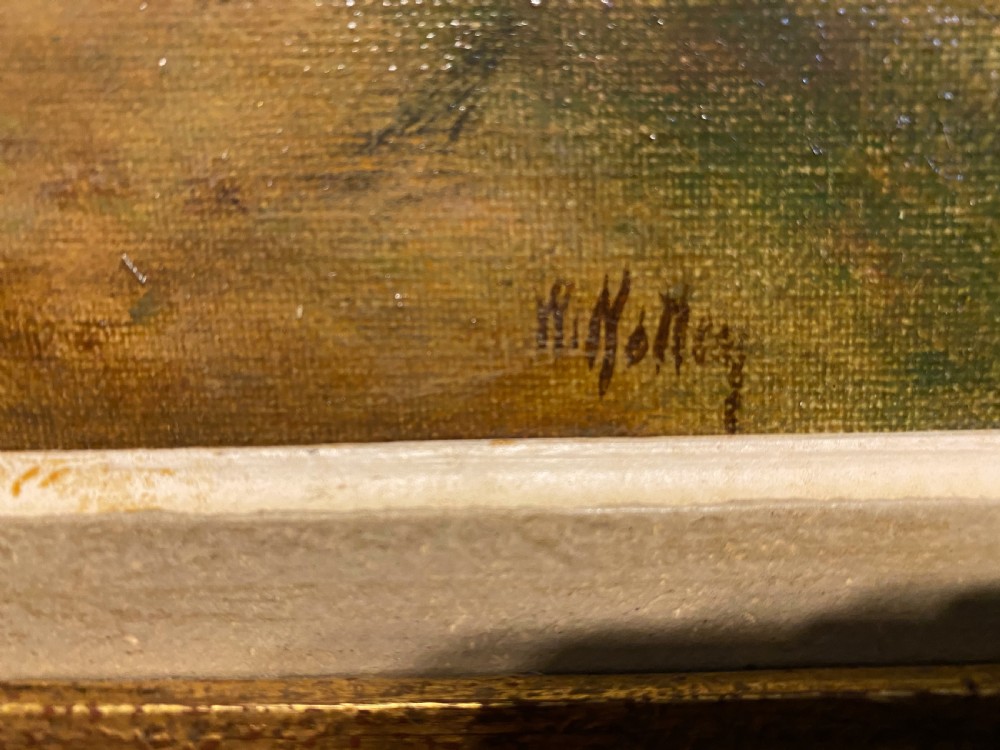 A framed 19th-century oil painting on canvas depicting a rural farmland landscape with a white cottage, figures, livestock, a pond, and a cloudy sky set in a textured gilt frame. View III