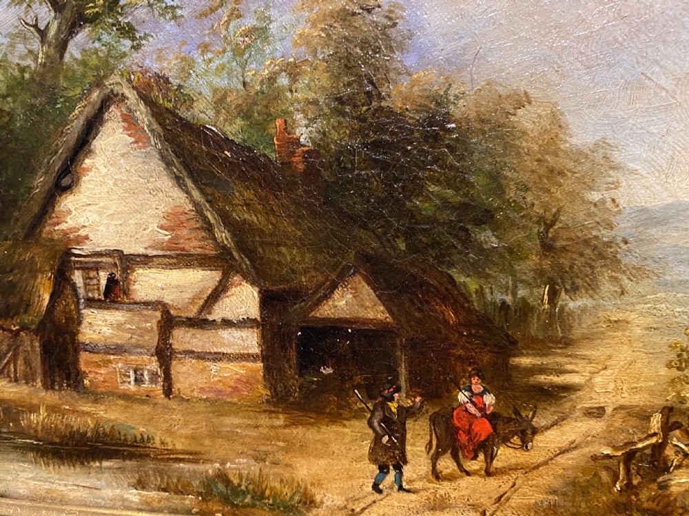 A 19th-century oil painting on canvas depicting a rural thatched farmhouse cottage surrounded by trees, displayed inside an ornate gilded frame. View II