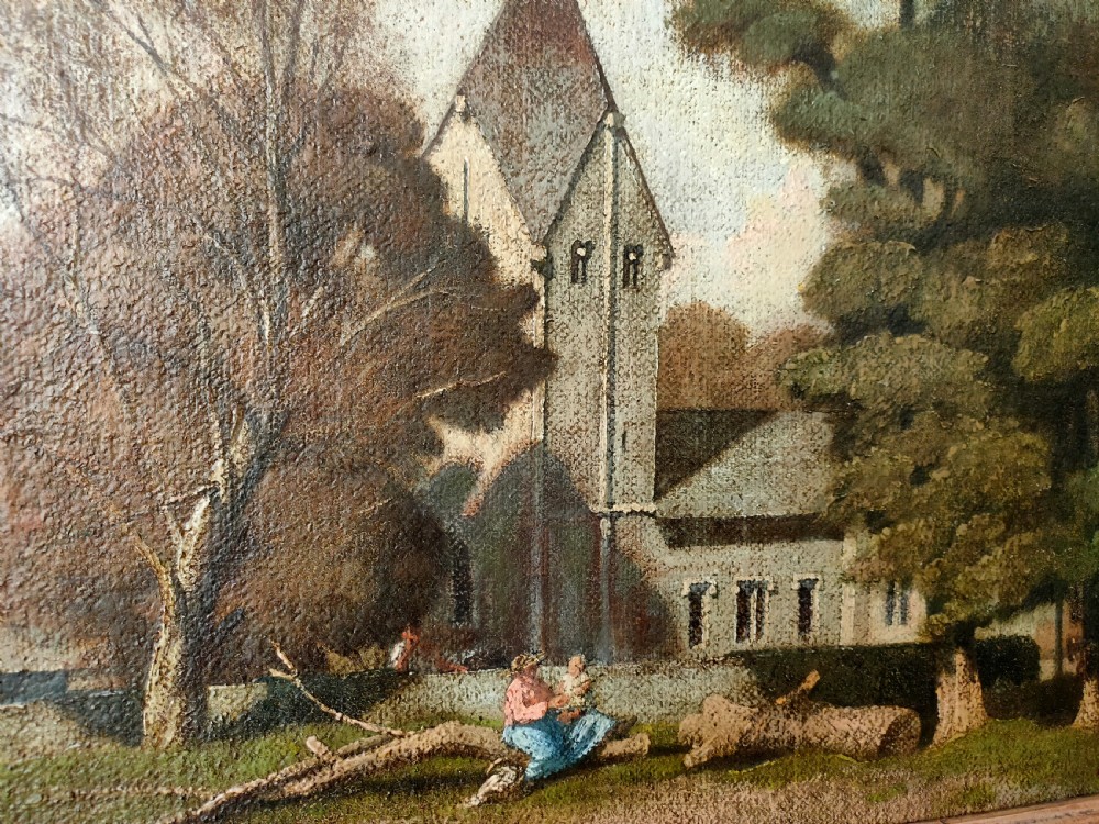 A framed oil painting on canvas depicting a traditional English rural scene with a church tower, mature trees, and figures resting near a fallen log. View III