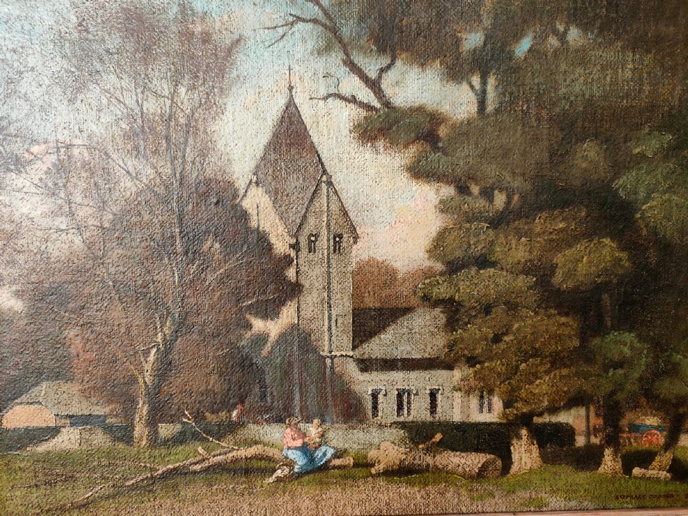 A framed oil painting on canvas depicting a traditional English rural scene with a church tower, mature trees, and figures resting near a fallen log. View IV