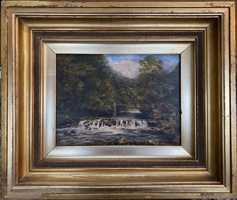 'Figure on a Bridge Over a Waterfall' - Late 19th C. Landscape - Oil Painting