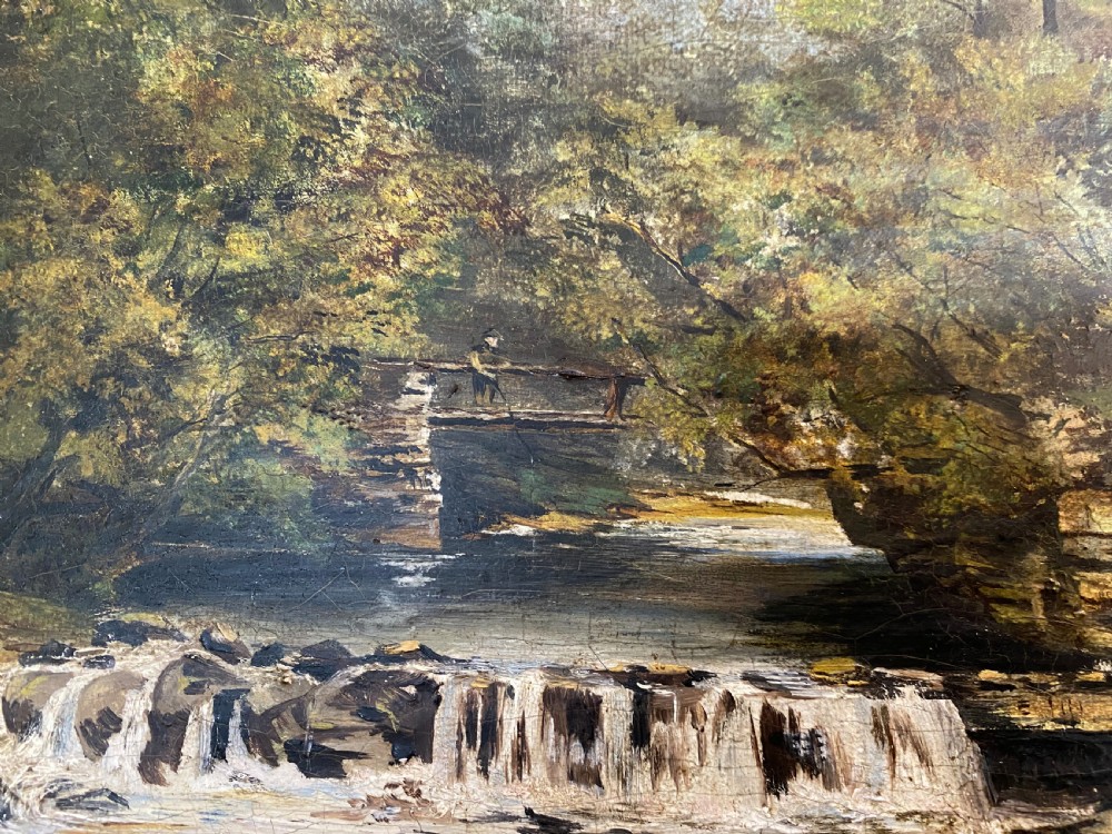'Figure on a Bridge Over a Waterfall' - Late 19th C. Landscape - Oil Painting View III