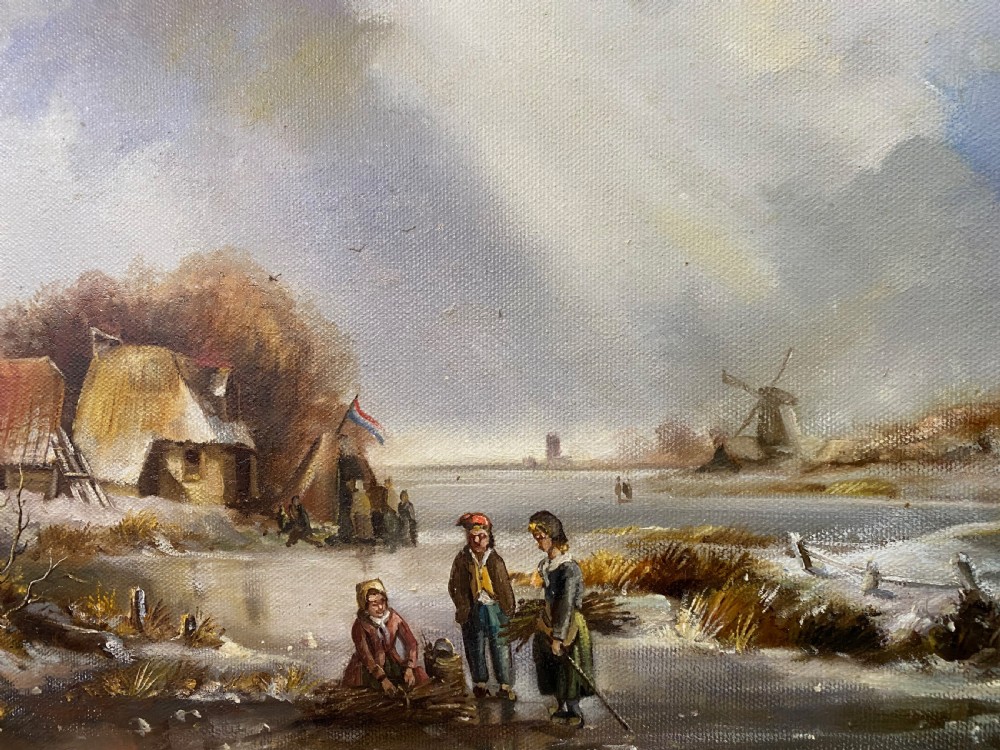 An oil painting depicting a winter landscape with figures near a thatched cottage on a frozen river, set in an ornate giltwood frame. View II