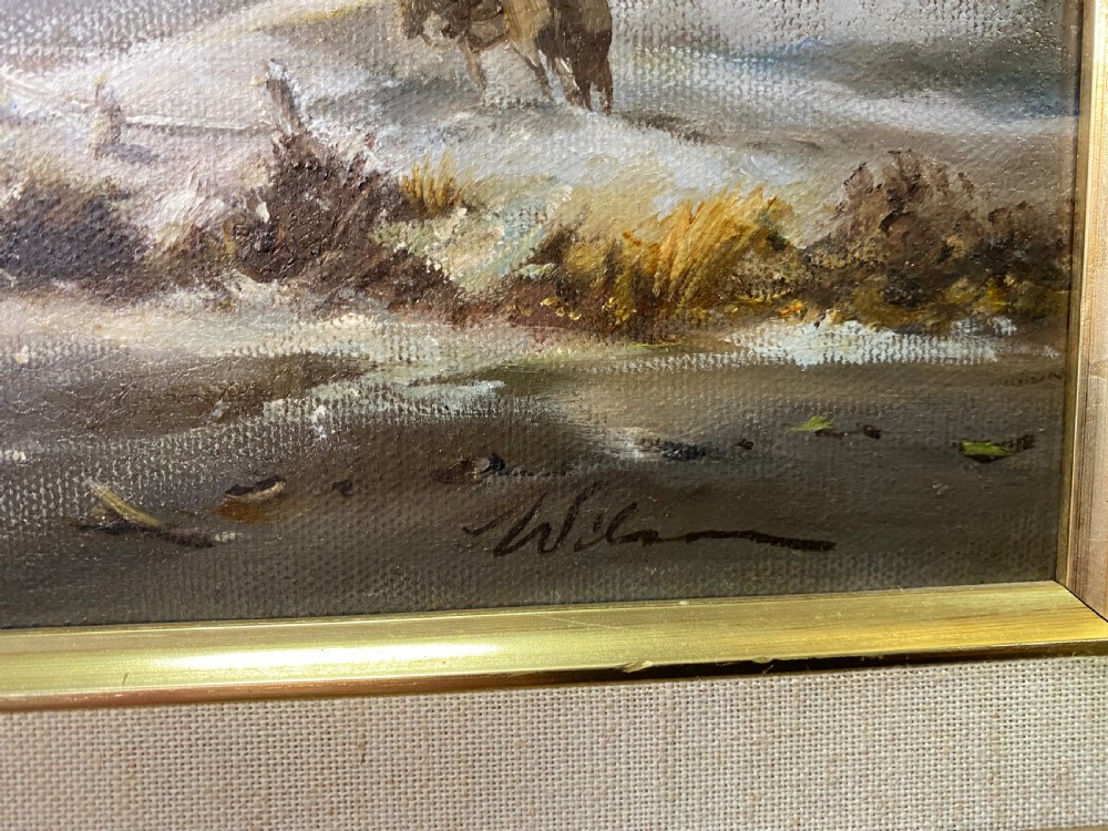 An oil painting depicting a winter landscape with figures near a thatched cottage on a frozen river, set in an ornate giltwood frame. View III