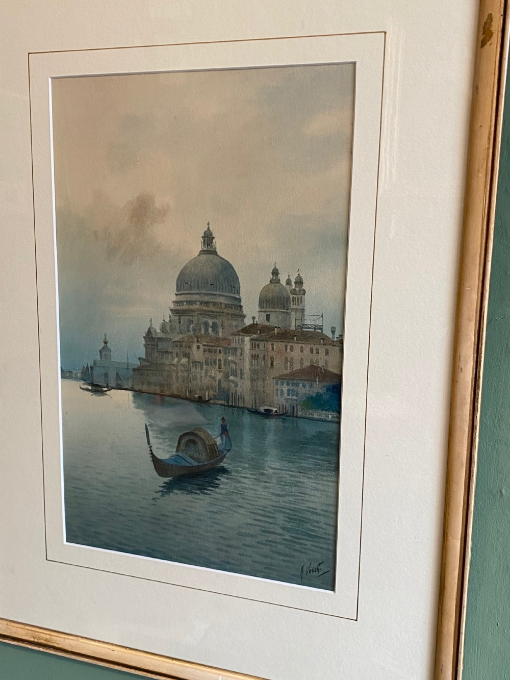 Gondolier on a Venetian Canal Signed A. Venutti - Watercolour Painting View VI
