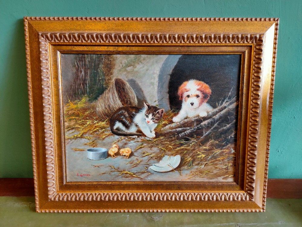 'Kitten and Puppy with Chicks