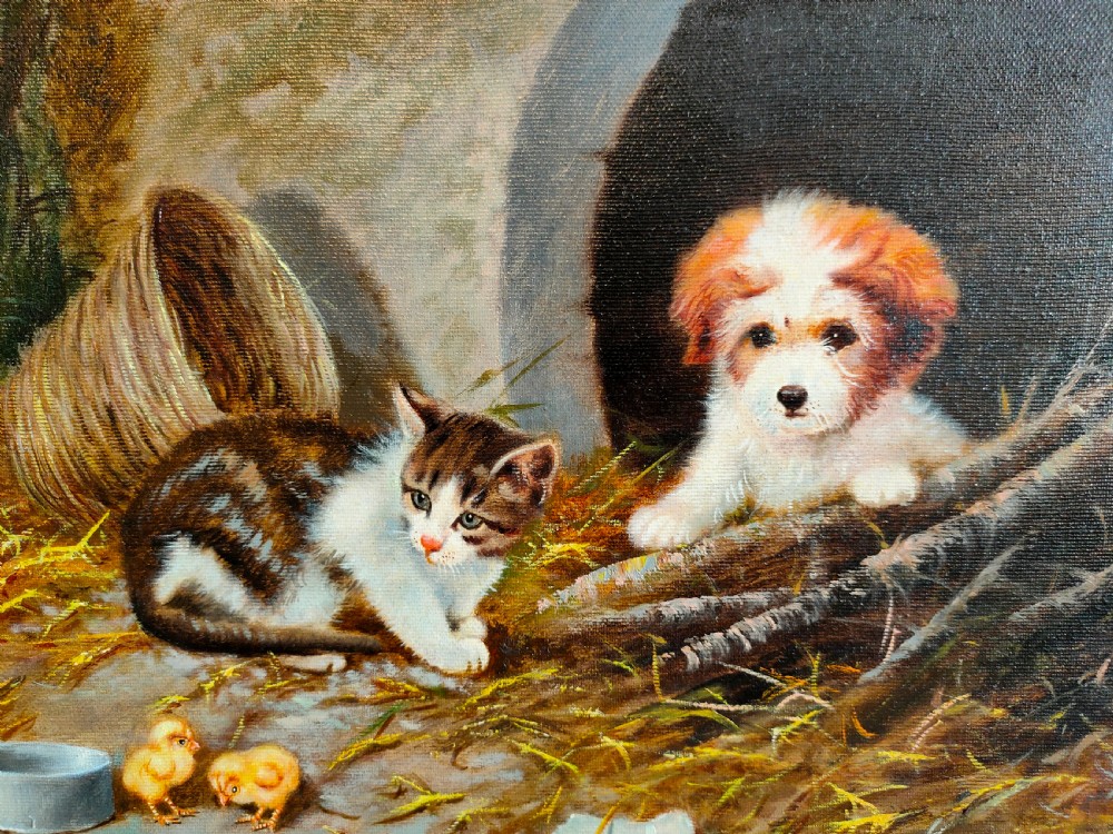 'Kitten and Puppy with Chicks
