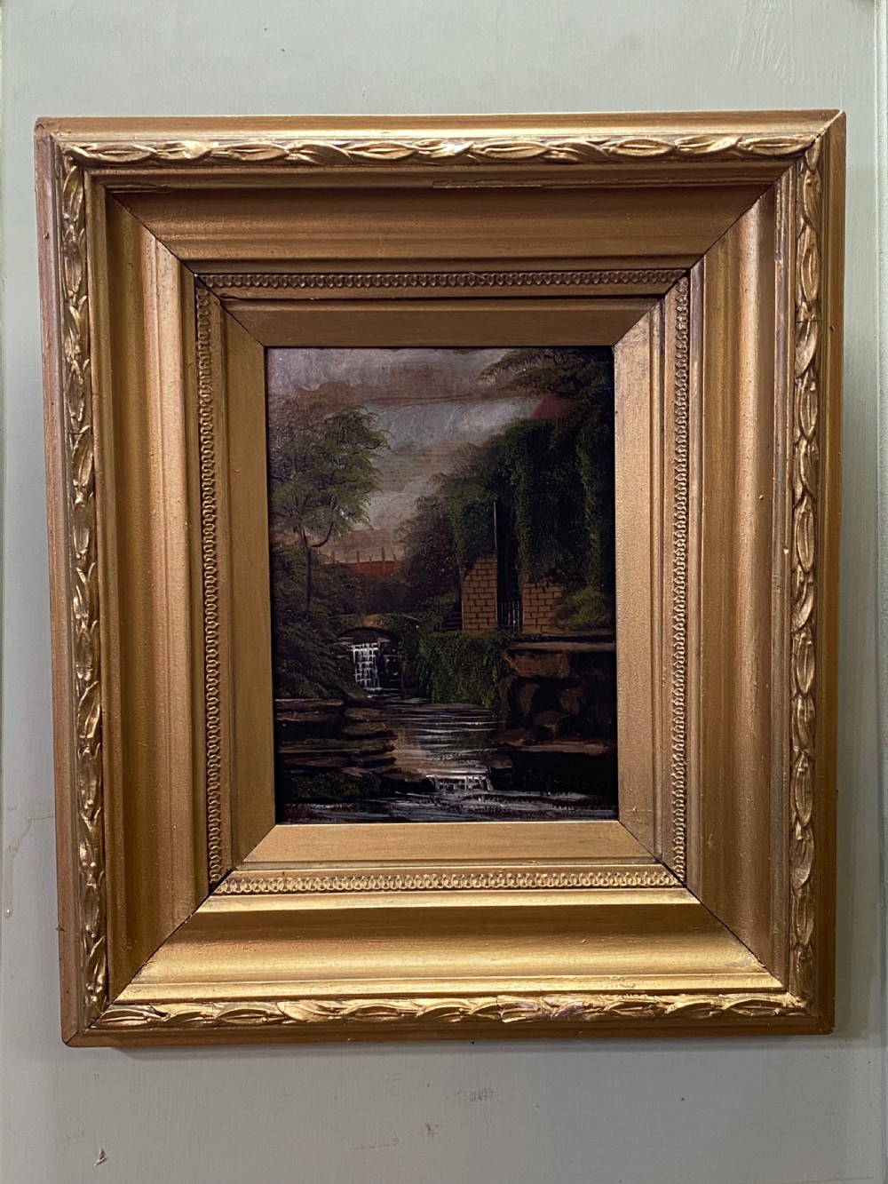 Oil Painting - Edwardian 'House by a Waterfall' by M Mathewson