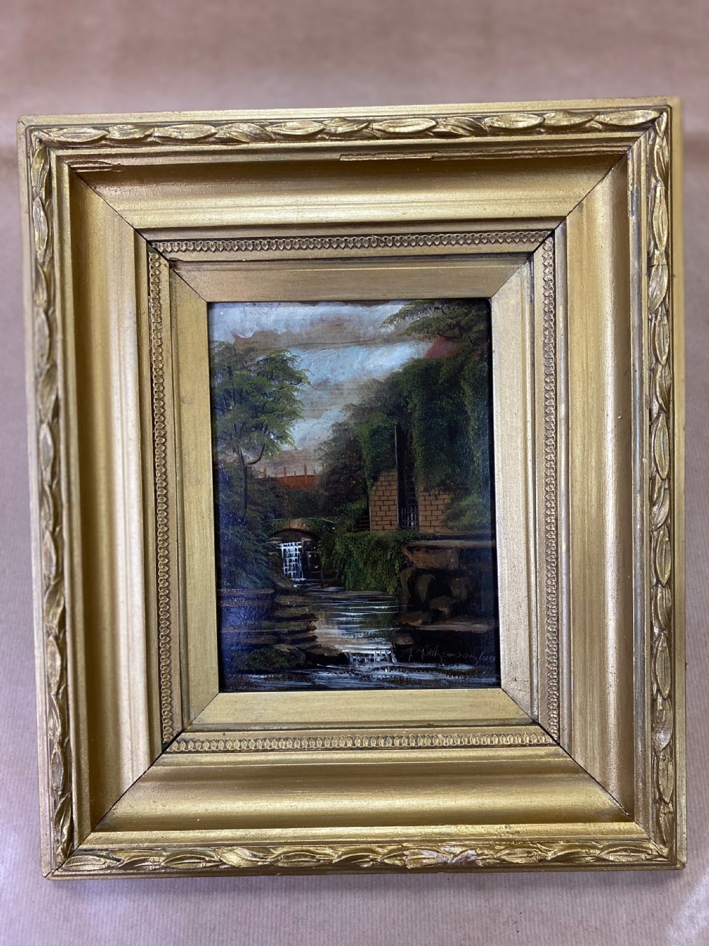 Oil Painting - Edwardian 'House by a Waterfall' by M Mathewson View II