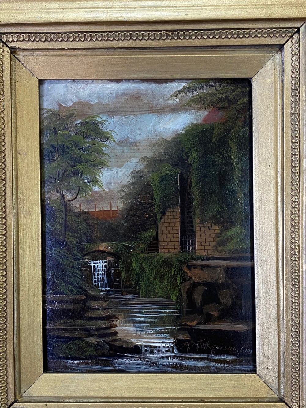 Oil Painting - Edwardian 'House by a Waterfall' by M Mathewson View IV