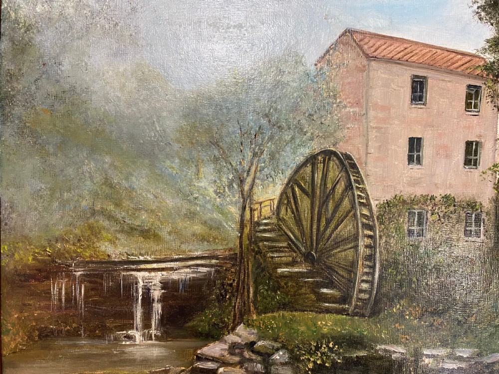 A rectangular framed oil painting illustrating a stone water mill beside a stream and waterfall, signed by E. Prescott in the bottom right corner. View III