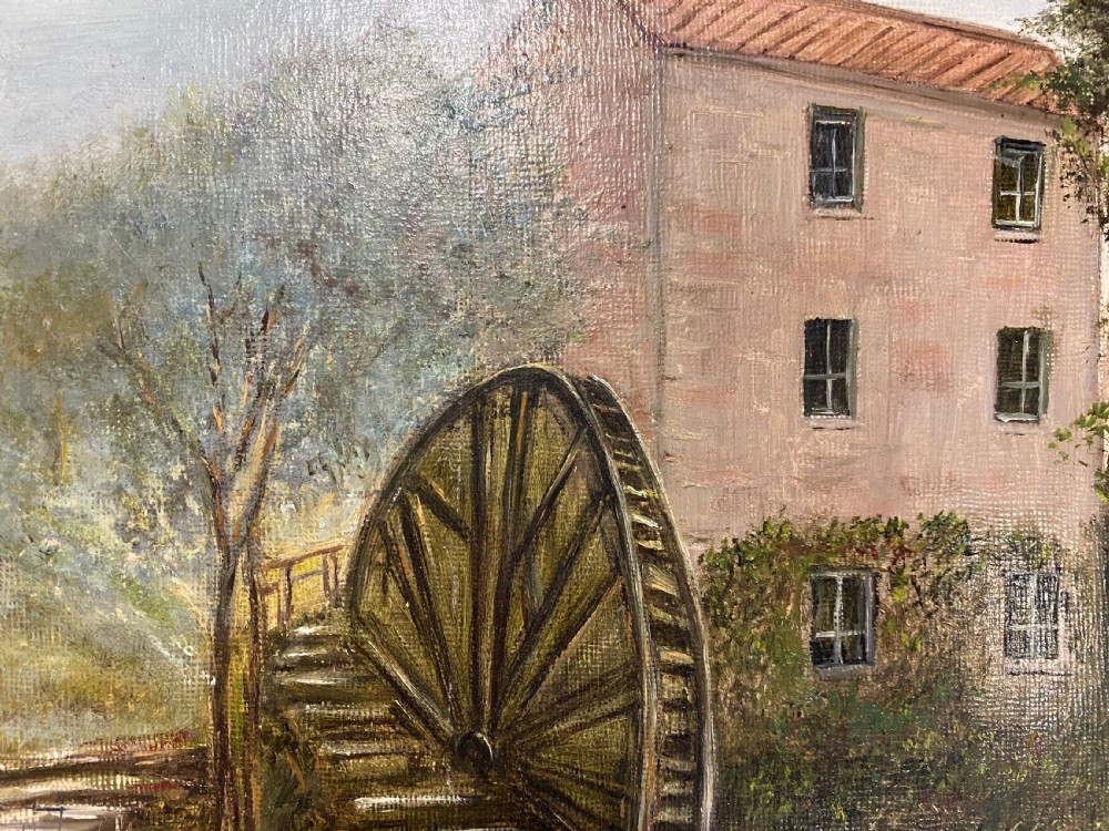 A rectangular framed oil painting illustrating a stone water mill beside a stream and waterfall, signed by E. Prescott in the bottom right corner. View IV