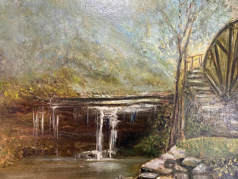 A rectangular framed oil painting illustrating a stone water mill beside a stream and waterfall, signed by E. Prescott in the bottom right corner. View V