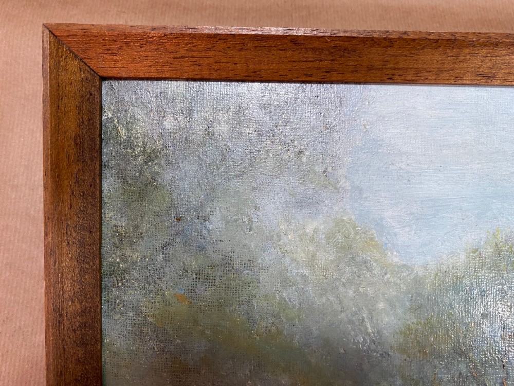 A rectangular framed oil painting illustrating a stone water mill beside a stream and waterfall, signed by E. Prescott in the bottom right corner. View VI