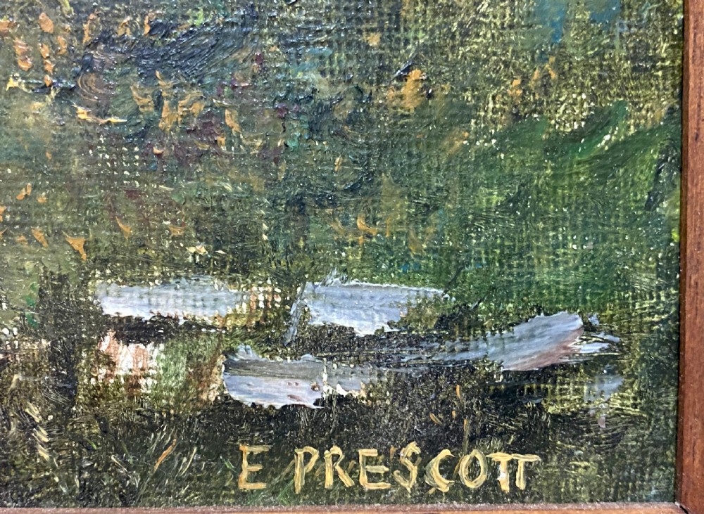 A rectangular framed oil painting illustrating a stone water mill beside a stream and waterfall, signed by E. Prescott in the bottom right corner. View VII