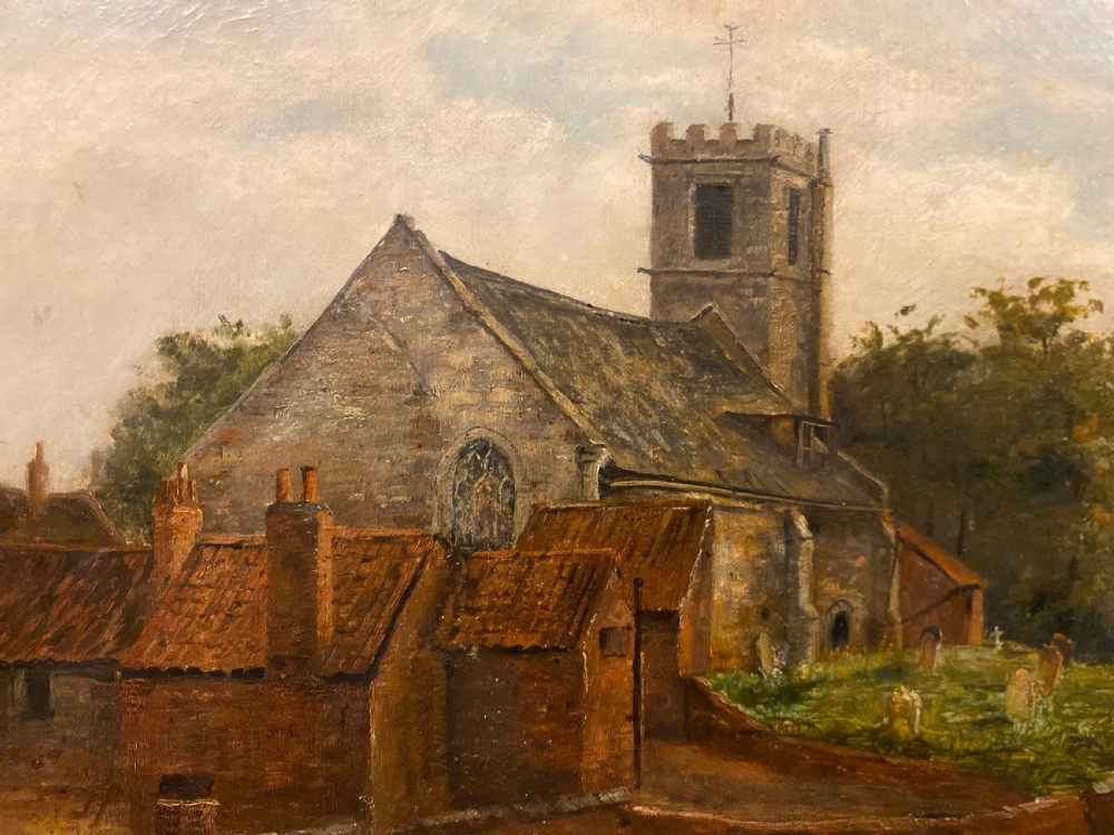 An antique 19th-century oil painting depicting a stone village church and cottages set within an ornate gilded frame. View II