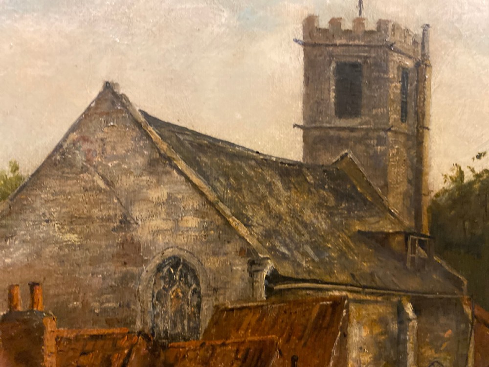 An antique 19th-century oil painting depicting a stone village church and cottages set within an ornate gilded frame. View IV